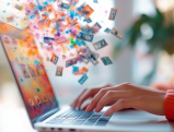 Laptop with colorful money bills flying out of screen