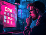 CPA candidate studying late at night with glowing CPA Exam screen