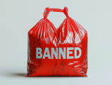 Red plastic bag with "BANNED" text representing California's plastic bag ban