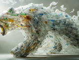Fierce plastic bear sculpture made from discarded bottles and waste