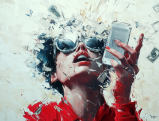 Abstract painting of woman with sunglasses holding smartphone