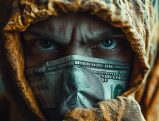 Close-up of person wearing hoodie with dollar bill covering mouth