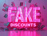 Neon pink "FAKE DISCOUNTS" sign with falling dollar bills