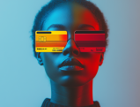 Woman's face split with blue and red lighting, credit cards covering eyes