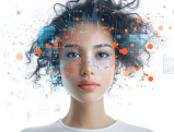 Woman's face overlaid with digital data visualization