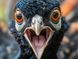 Close-up of peacock face with open beak