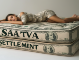 Woman sleeping on Saatva mattress styled as stack of dollar bills