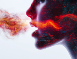 Silhouette of person's face with digital voice wave emanating from mouth