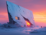Giant Visa credit card in snowy landscape with fiery breach