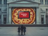 Arbitration clause displayed on pizza in front of courthouse