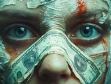 Woman with money-patterned bandage on face