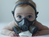 Infant wearing gas mask lying on white surface