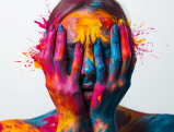 Colorful painted face with hands covering eyes, representing data privacy concerns