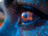 Close-up of human eye with digital overlay reflecting technology