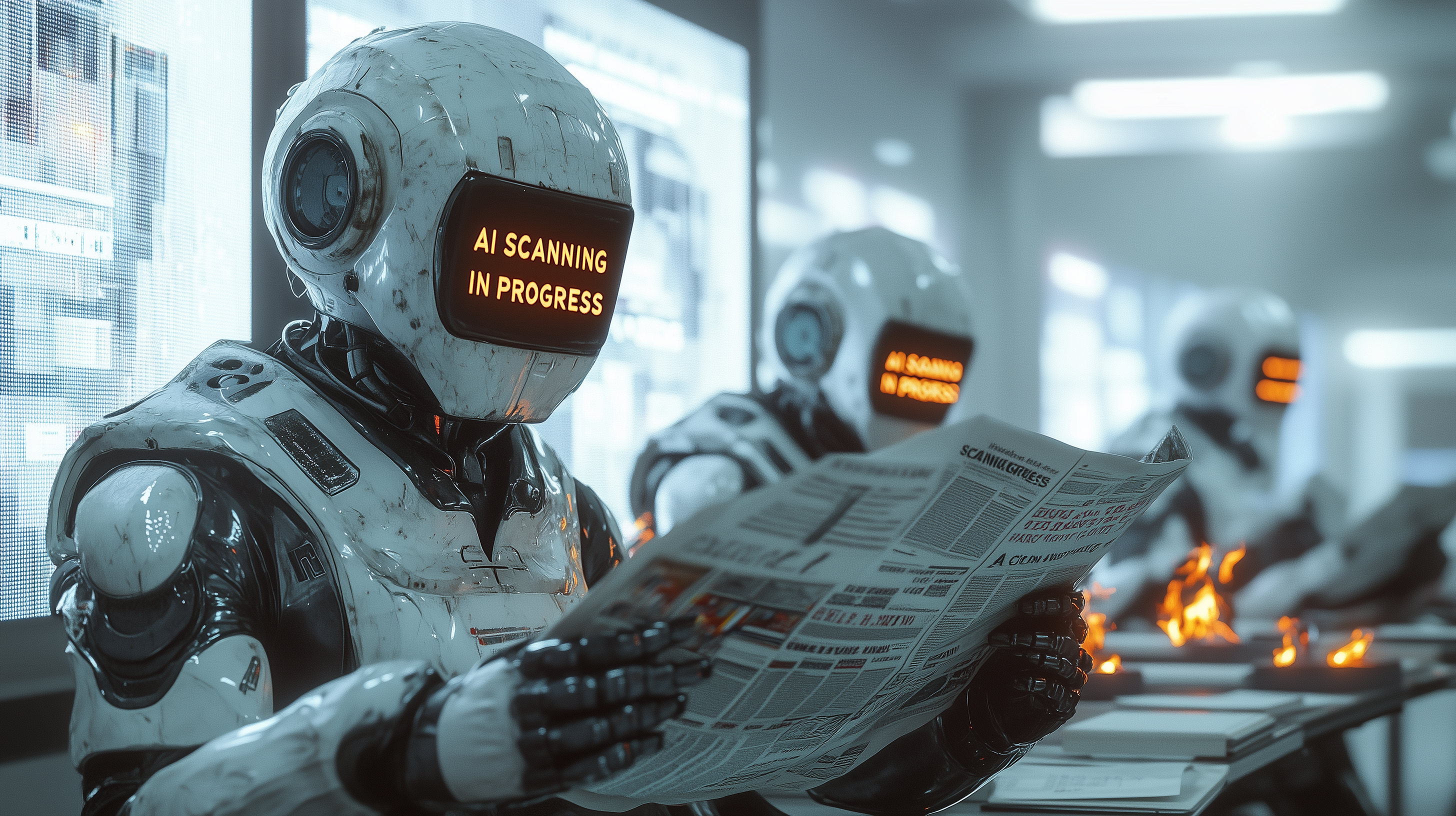  AI Systems Analyzing News Content - Copyright Battle Visualization