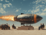 Rocket igniting in desert with judge and jury