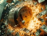 Bank vault exploding with money and flames