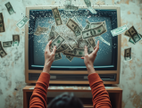 Money exploding from old TV screen with hands reaching