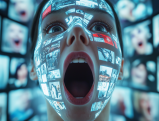 Face with digital screens projected on skin
