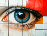 Hyper-realistic blue eye artwork with geometric grid pattern background