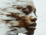 Abstract digital art of a woman's face with glitch effect