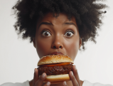 Woman with afro hairstyle taking a bite of a sesame seed burger