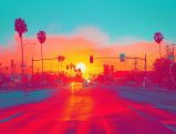 Sunset view of California street with palm trees and crosswalk highlighting urban pedestrian safety