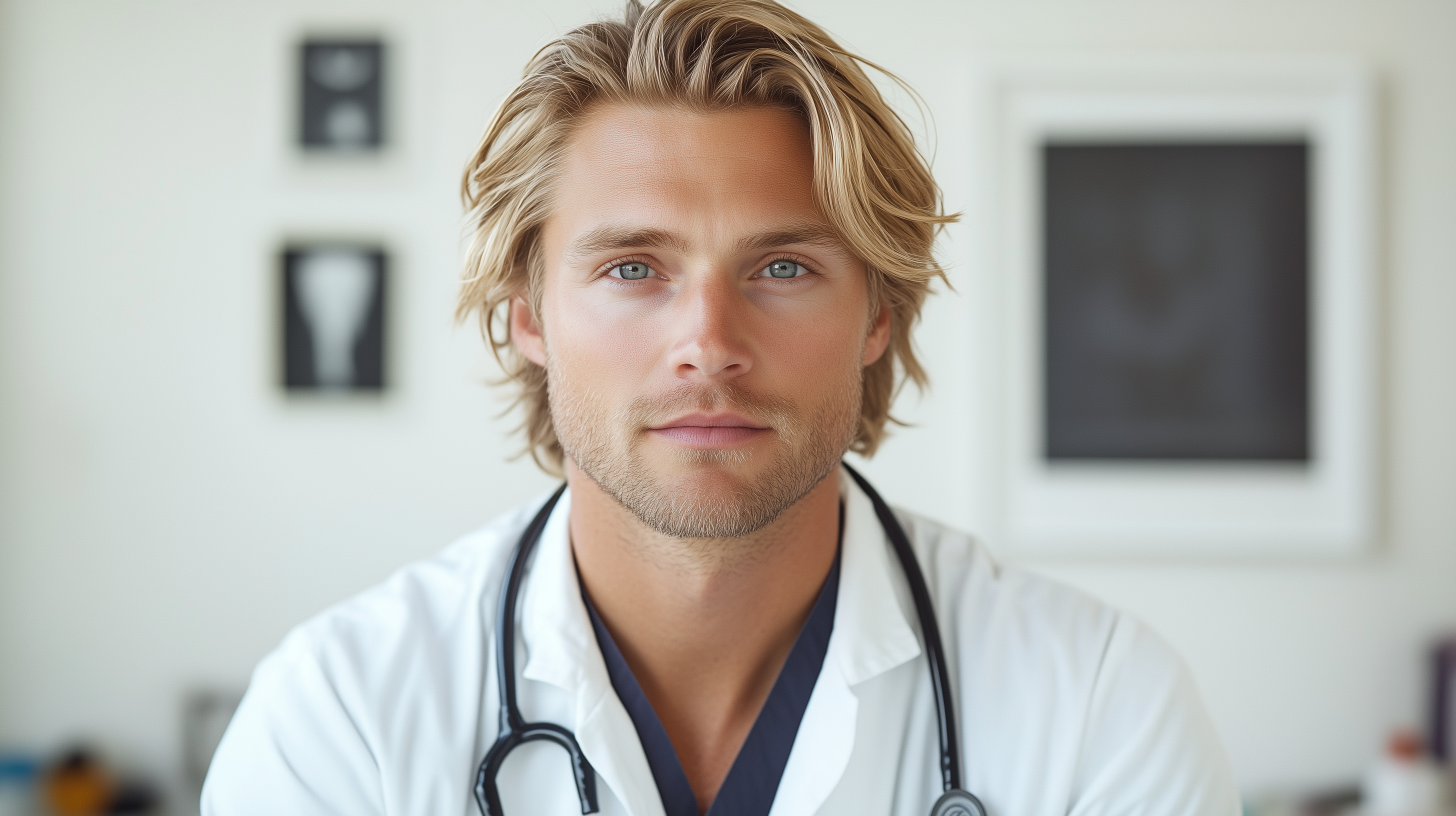 Portrait of focused male physician in white coat
