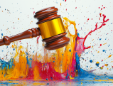 Judge's gavel impact creating explosion of paint colors symbolizing Capri Sun lawsuit