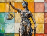 Lady Justice statue holding scales in front of colorful abstract background