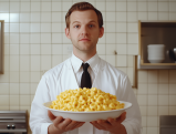 Man in white shirt and tie holding large plate of mac and cheese