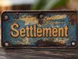 Weathered blue metal settlement sign against wooden surface