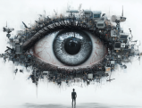 Surveillance technology eye watching small human figure digital art
