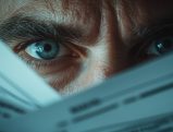 Close-up of a determined attorney’s eyes reviewing California law corporation paperwork