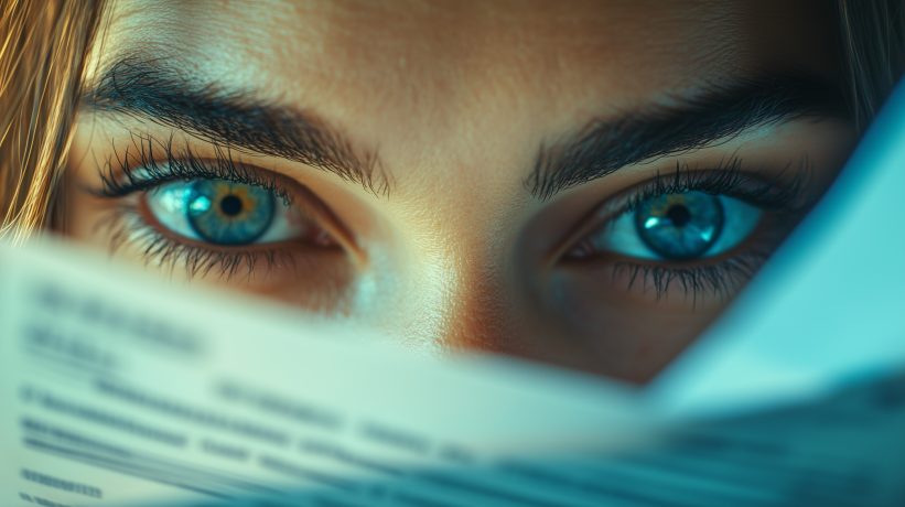 Close-up of a focused professional reading California law corporation filing forms