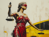 Lady Justice statue in red dress against yellow background holding scales of justice