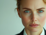 Professional woman with striking green eyes and freckles in business attire