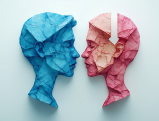 Two paper cutout profiles of human heads facing each other, one in blue and one in pink.
