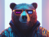 Bear wearing neon sunglasses reading A-to-Z 2025 against a modern California backdrop